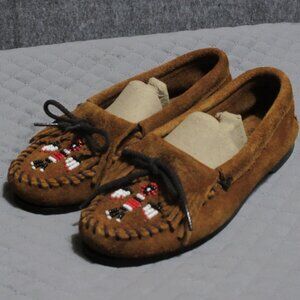 Minnetonka Suede Thunderbird Beaded Moccasins Womens 6.5